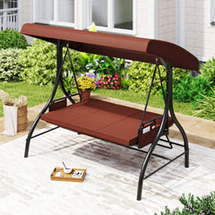 3-Piece Patio Swing with Canopy Removable Cushions and Side Pockets-Brown