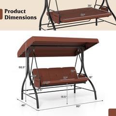 3-Piece Patio Swing with Canopy Removable Cushions and Side Pockets-Brown