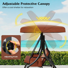 3-Piece Patio Swing with Canopy Removable Cushions and Side Pockets-Brown