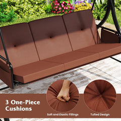 3-Piece Patio Swing with Canopy Removable Cushions and Side Pockets-Brown