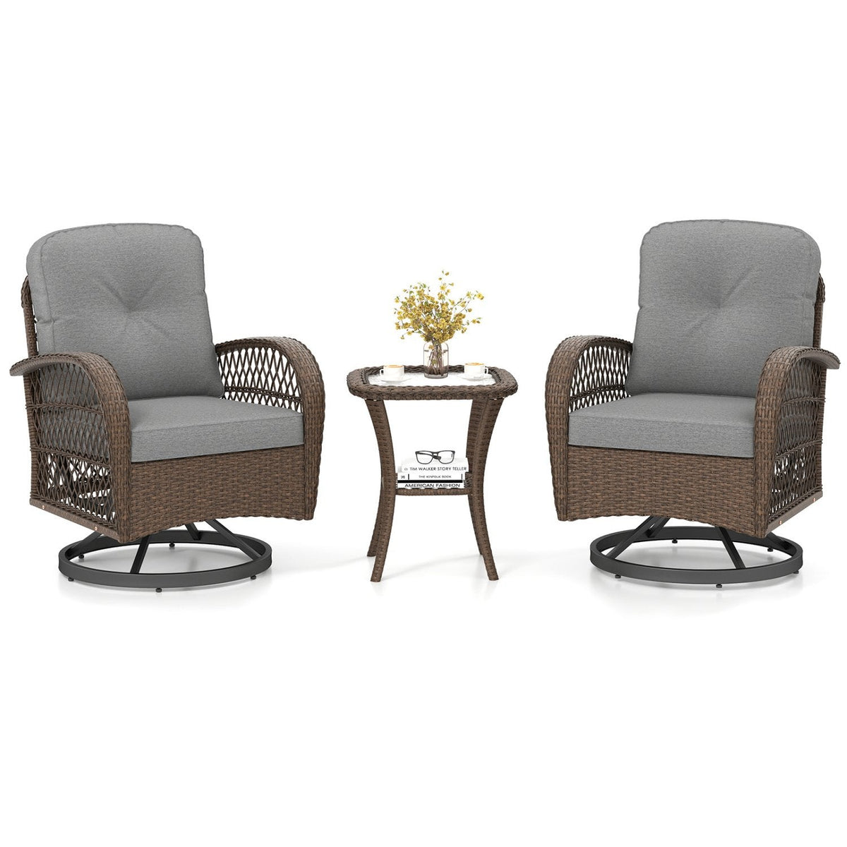 3 Piece Patio Swivel Rocker Set with Tempered Glass Side Table and Thick Cushions-Gray