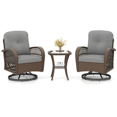 3 Piece Patio Swivel Rocker Set with Tempered Glass Side Table and Thick Cushions-Gray