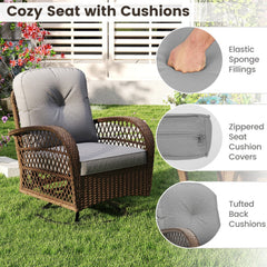 3 Piece Patio Swivel Rocker Set with Tempered Glass Side Table and Thick Cushions-Gray