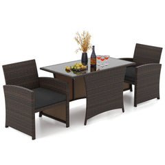 3 Piece Patio Wicker Dining Set, 2 Armchairs Rated 400 lb with Grey Cushions and 44 in Rectangular Tempered Glass Table