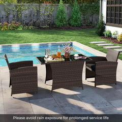 3 Piece Patio Wicker Dining Set, 2 Armchairs Rated 400 lb with Grey Cushions and 44 in Rectangular Tempered Glass Table