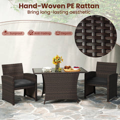 3 Piece Patio Wicker Dining Set, 2 Armchairs Rated 400 lb with Grey Cushions and 44 in Rectangular Tempered Glass Table