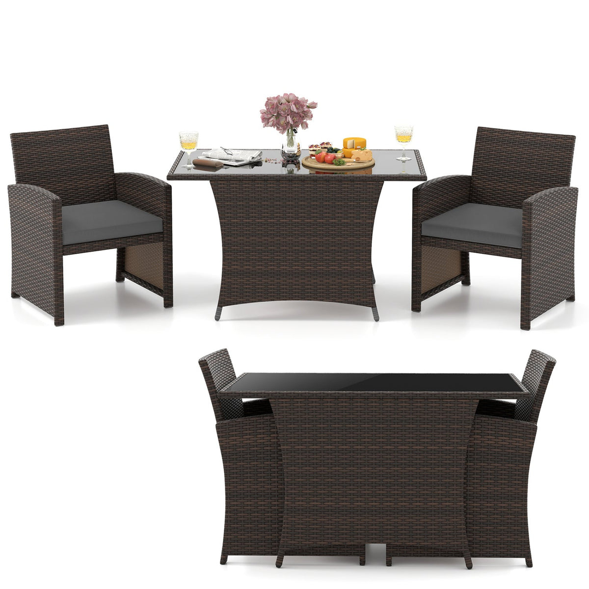 3 Piece Patio Wicker Dining Set, 2 Armchairs Rated 400 lb with Grey Cushions and 44 in Rectangular Tempered Glass Table