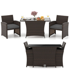 3 Piece Patio Wicker Dining Set, 2 Armchairs Rated 400 lb with Grey Cushions and 44 in Rectangular Tempered Glass Table