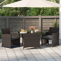 3 Piece Patio Wicker Dining Set, 2 Armchairs Rated 400 lb with Grey Cushions and 44 in Rectangular Tempered Glass Table