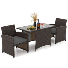 3 Piece Patio Wicker Dining Set, 2 Armchairs Rated 400 lb with Grey Cushions and 44 in Rectangular Tempered Glass Table