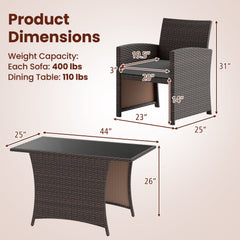 3 Piece Patio Wicker Dining Set, 2 Armchairs Rated 400 lb with Grey Cushions and 44 in Rectangular Tempered Glass Table