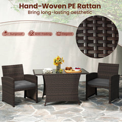 3 Piece Patio Wicker Dining Set, 2 Armchairs Rated 400 lb with Grey Cushions and 44 in Rectangular Tempered Glass Table