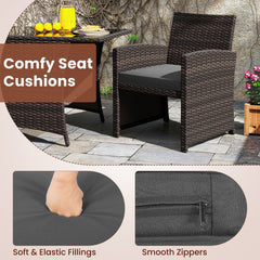 3 Piece Patio Wicker Dining Set, 2 Armchairs Rated 400 lb with Grey Cushions and 44 in Rectangular Tempered Glass Table