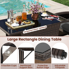 3 Piece Patio Wicker Dining Set, 2 Armchairs Rated 400 lb with Grey Cushions and 44 in Rectangular Tempered Glass Table