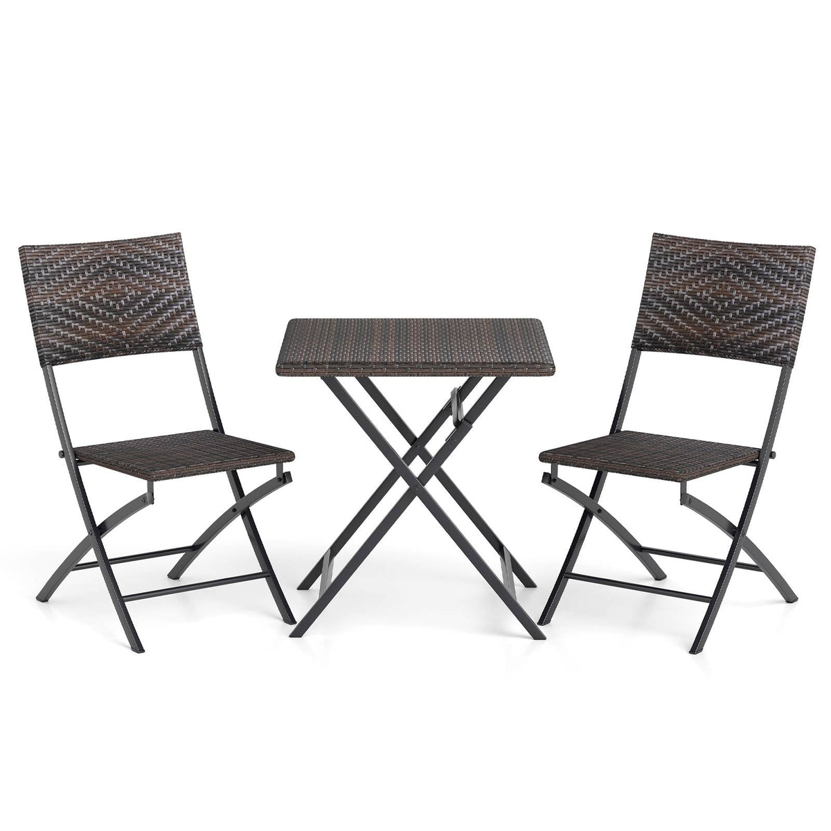 3 Piece Folding Rattan Bistro Set, 2 Folding Chairs Rated 400 lb with Woven Seats and 24 in Square Woven Table
