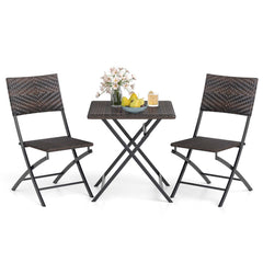 3 Piece Folding Rattan Bistro Set, 2 Folding Chairs Rated 400 lb with Woven Seats and 24 in Square Woven Table