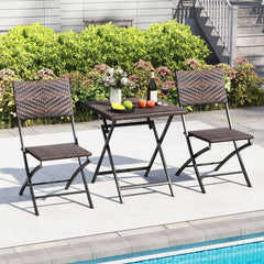 3 Piece Folding Rattan Bistro Set, 2 Folding Chairs Rated 400 lb with Woven Seats and 24 in Square Woven Table
