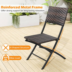 3 Piece Folding Rattan Bistro Set, 2 Folding Chairs Rated 400 lb with Woven Seats and 24 in Square Woven Table
