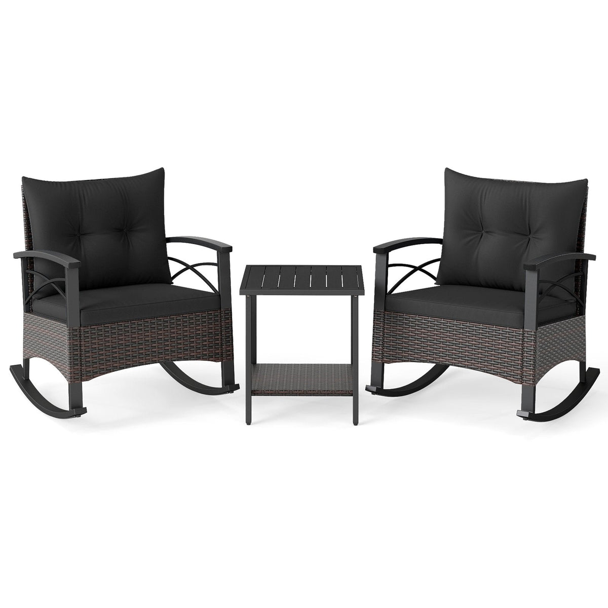 3 Piece Rocking Bistro Set, 2 PE Rattan Rockers Rated 400 lb with Black Cushions and Slatted Acacia Top 2 Tier Table