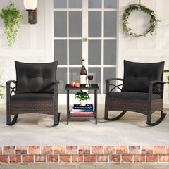 3 Piece Rocking Bistro Set, 2 PE Rattan Rockers Rated 400 lb with Black Cushions and Slatted Acacia Top 2 Tier Table