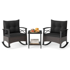3 Piece Rocking Bistro Set, 2 PE Rattan Rockers Rated 400 lb with Black Cushions and Slatted Acacia Top 2 Tier Table