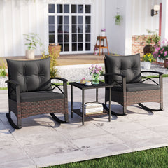 3 Piece Rocking Bistro Set, 2 PE Rattan Rockers Rated 400 lb with Black Cushions and Slatted Acacia Top 2 Tier Table