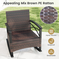 3 Piece Rocking Bistro Set, 2 PE Rattan Rockers Rated 400 lb with Black Cushions and Slatted Acacia Top 2 Tier Table