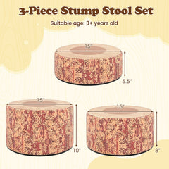 3-Piece Tree Stump Stool Set with Wood Printing Nature Decoration-Dark Walnut