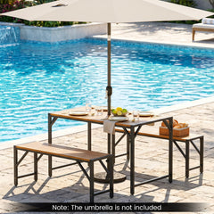 51 inches Acacia Wood Dining Table with Umbrella Hole & Metal Support for Garden