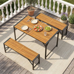51 inches Acacia Wood Dining Table with Umbrella Hole & Metal Support for Garden