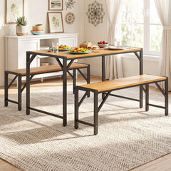 51 inches Acacia Wood Dining Table with Umbrella Hole & Metal Support for Garden