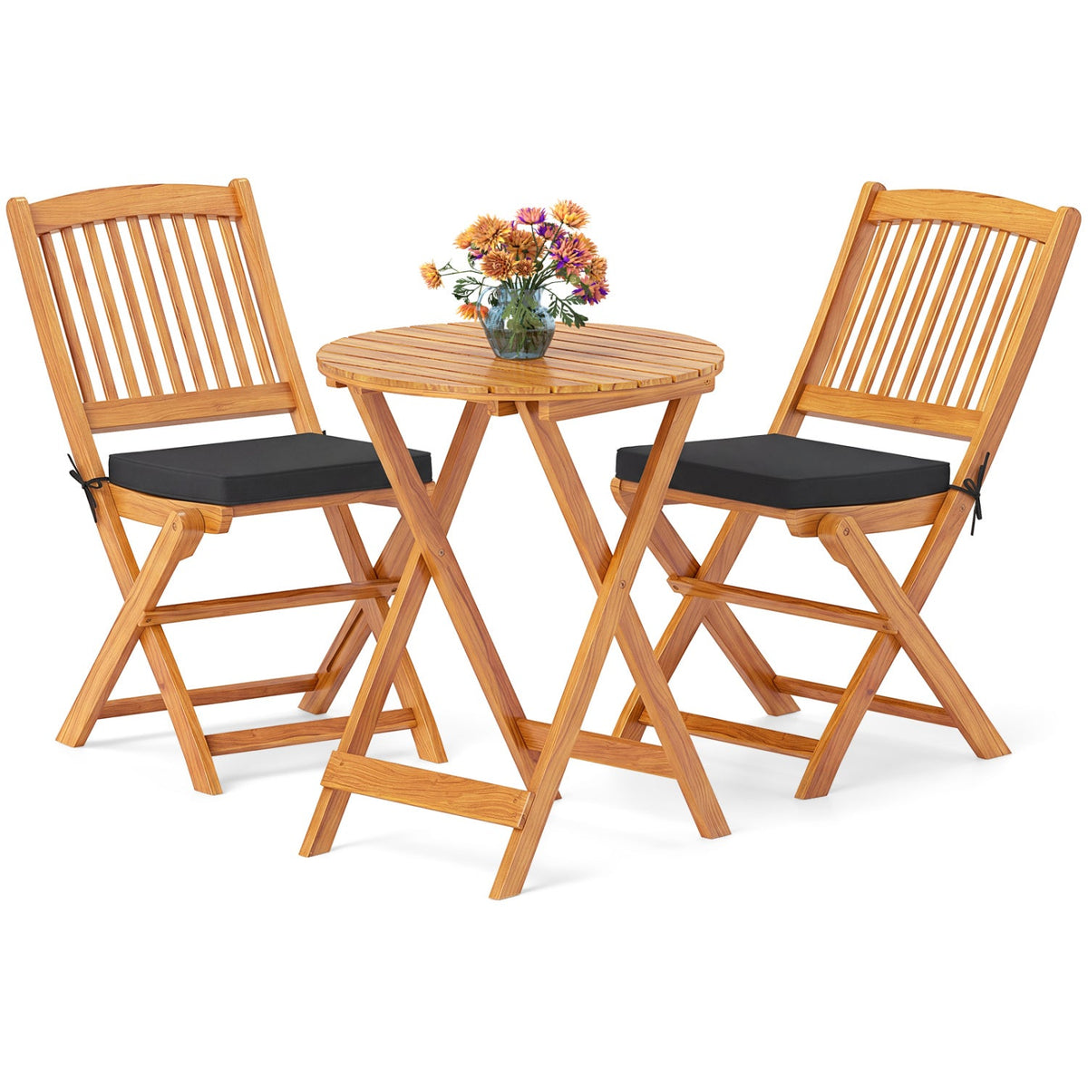 3 Piece Folding Acacia Bistro Set, 2 Chairs Rated 400 lb with Black Cushions, 125 Degree Backrest and 23.5 in Round Table