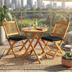 3 Piece Folding Acacia Bistro Set, 2 Chairs Rated 400 lb with Black Cushions, 125 Degree Backrest and 23.5 in Round Table