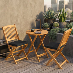 3 Piece Folding Acacia Bistro Set, 2 Chairs Rated 400 lb with Black Cushions, 125 Degree Backrest and 23.5 in Round Table