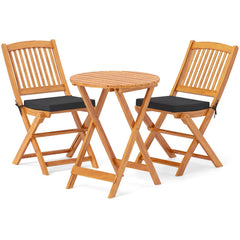 3 Piece Folding Acacia Bistro Set, 2 Chairs Rated 400 lb with Black Cushions, 125 Degree Backrest and 23.5 in Round Table
