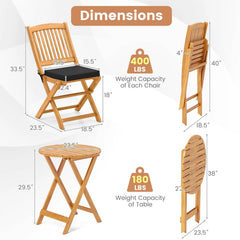 3 Piece Folding Acacia Bistro Set, 2 Chairs Rated 400 lb with Black Cushions, 125 Degree Backrest and 23.5 in Round Table