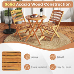 3 Piece Folding Acacia Bistro Set, 2 Chairs Rated 400 lb with Black Cushions, 125 Degree Backrest and 23.5 in Round Table