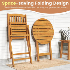 3 Piece Folding Acacia Bistro Set, 2 Chairs Rated 400 lb with Black Cushions, 125 Degree Backrest and 23.5 in Round Table