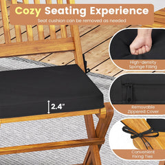 3 Piece Folding Acacia Bistro Set, 2 Chairs Rated 400 lb with Black Cushions, 125 Degree Backrest and 23.5 in Round Table