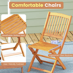 3 Piece Folding Acacia Bistro Set, 2 Chairs Rated 400 lb with Black Cushions, 125 Degree Backrest and 23.5 in Round Table