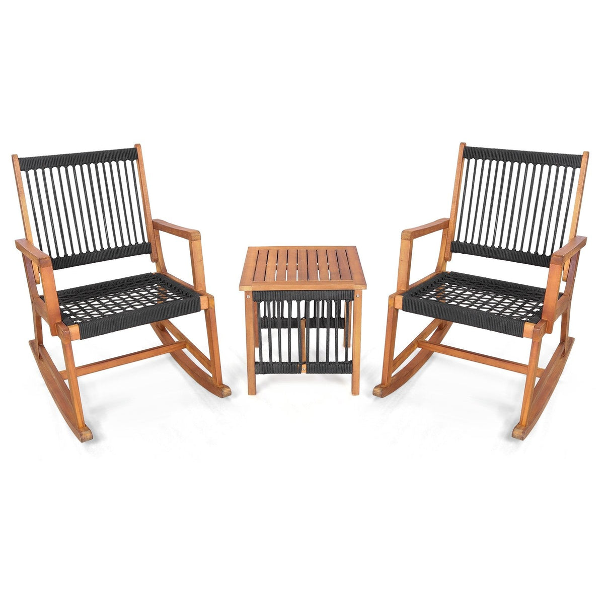 3 Piece Acacia Wood Rocking Bistro Set, 2 Rockers Rated 360 lb with Hand Woven Plastic Rope Seats and 18 in Slatted Table