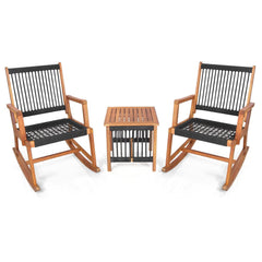 3 Piece Acacia Wood Rocking Bistro Set, 2 Rockers Rated 360 lb with Hand Woven Plastic Rope Seats and 18 in Slatted Table
