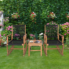 3 Piece Acacia Wood Rocking Bistro Set, 2 Rockers Rated 360 lb with Hand Woven Plastic Rope Seats and 18 in Slatted Table
