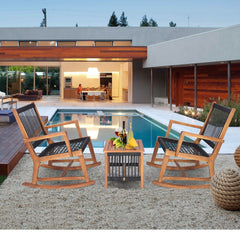 3 Piece Acacia Wood Rocking Bistro Set, 2 Rockers Rated 360 lb with Hand Woven Plastic Rope Seats and 18 in Slatted Table