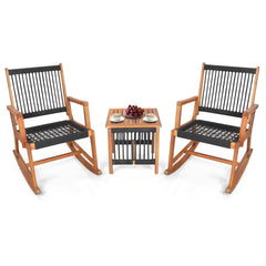 3 Piece Acacia Wood Rocking Bistro Set, 2 Rockers Rated 360 lb with Hand Woven Plastic Rope Seats and 18 in Slatted Table