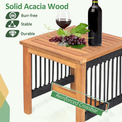3 Piece Acacia Wood Rocking Bistro Set, 2 Rockers Rated 360 lb with Hand Woven Plastic Rope Seats and 18 in Slatted Table