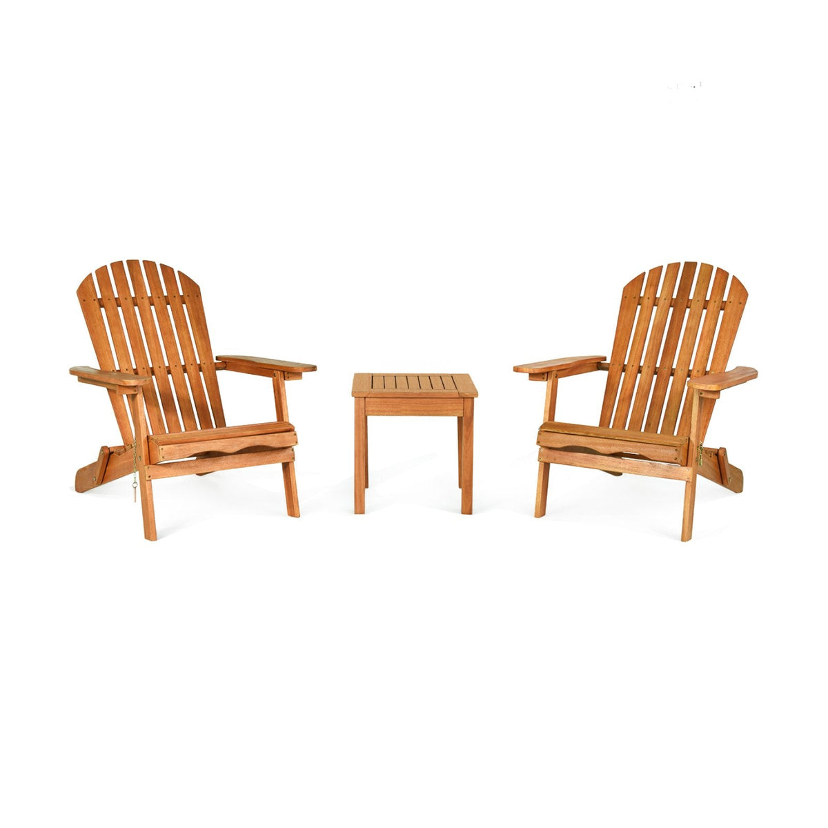 3 Piece Folding Adirondack Chair Set, 2 Eucalyptus Chairs Rated 350 lb with Widened Armrests and 18 in Side Table