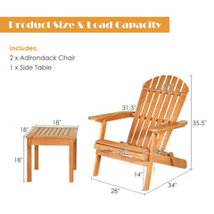 3 Piece Folding Adirondack Chair Set, 2 Eucalyptus Chairs Rated 350 lb with Widened Armrests and 18 in Side Table
