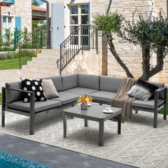 3 Piece Aluminum Patio Sofa Set, 84.5 Inch 3 Seat Sofa with 6 Level Reclining Back, Loveseat and Glass Table, Grey