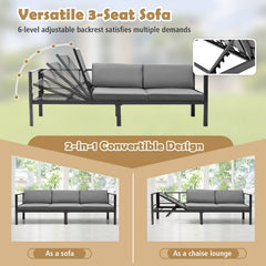 3 Piece Aluminum Patio Sofa Set, 84.5 Inch 3 Seat Sofa with 6 Level Reclining Back, Loveseat and Glass Table, Grey